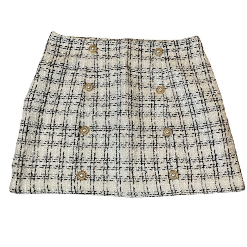 Cider Plaid Tweed Pearl Button High Rise Mini Skirt L NWOT